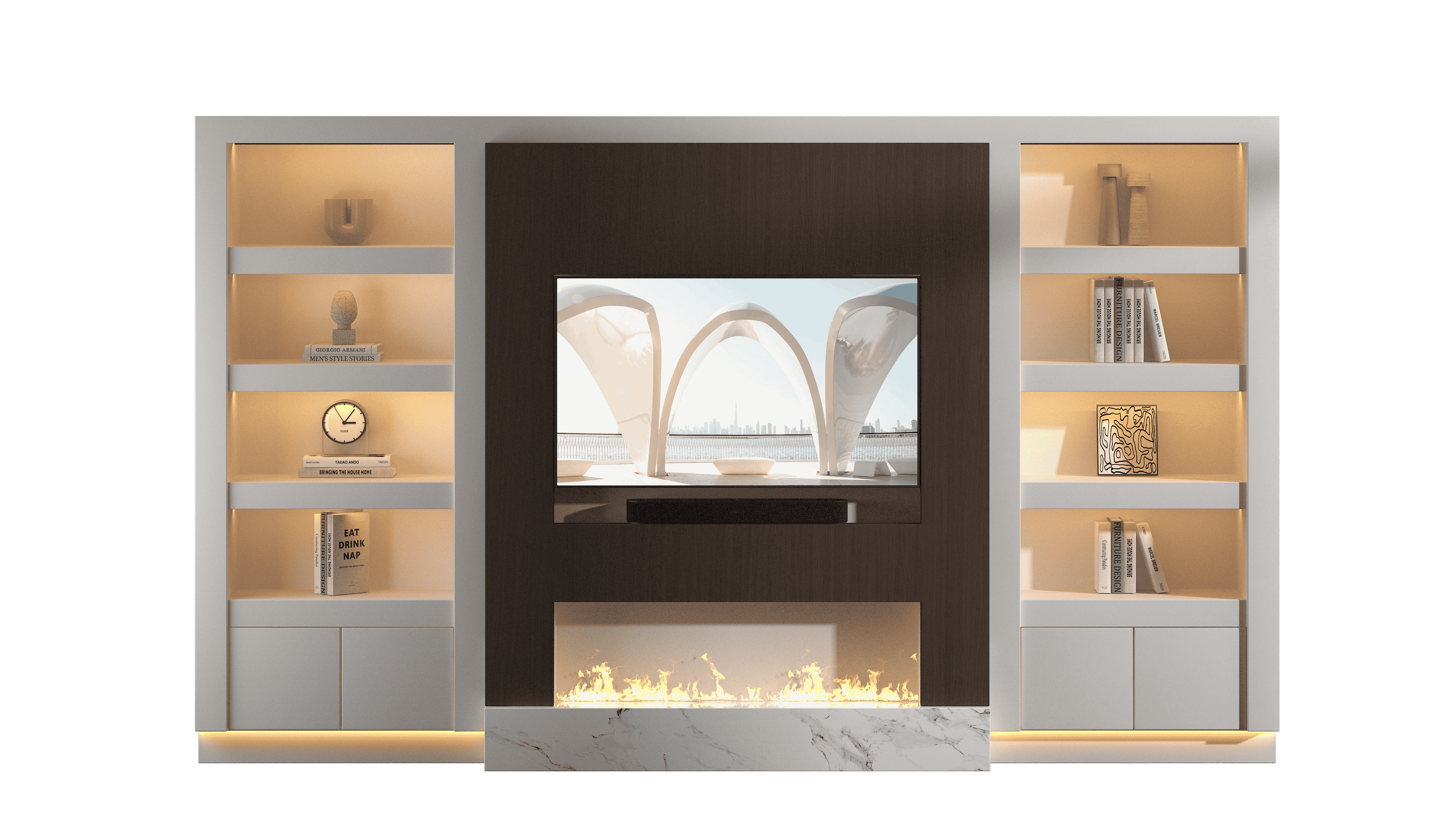 Sidra media wall with electric fireplace in a Palm Jumeirah villa